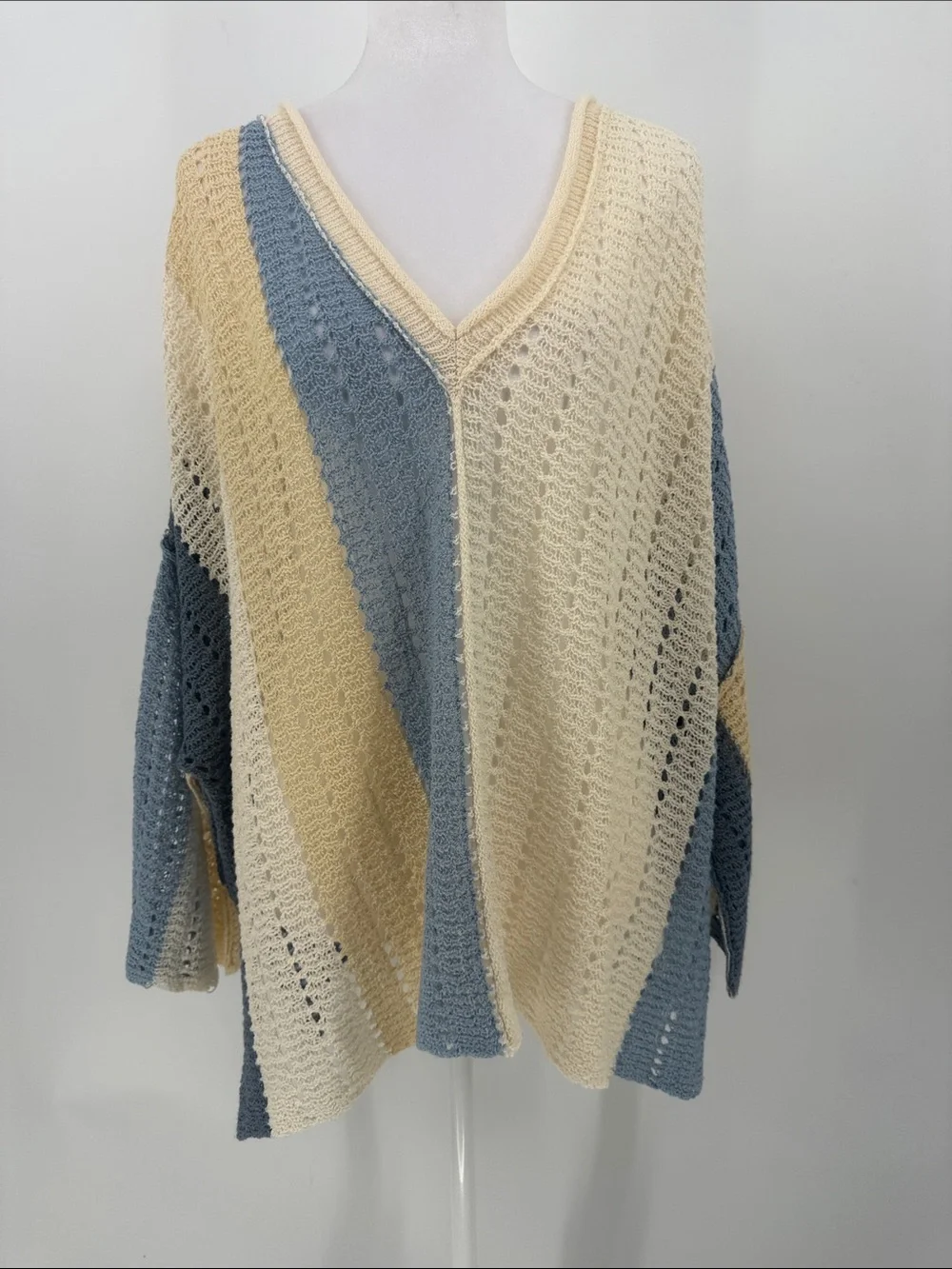 POL Cream Blue Colorblock Crochet Open Knit Oversized Boho Sweater M